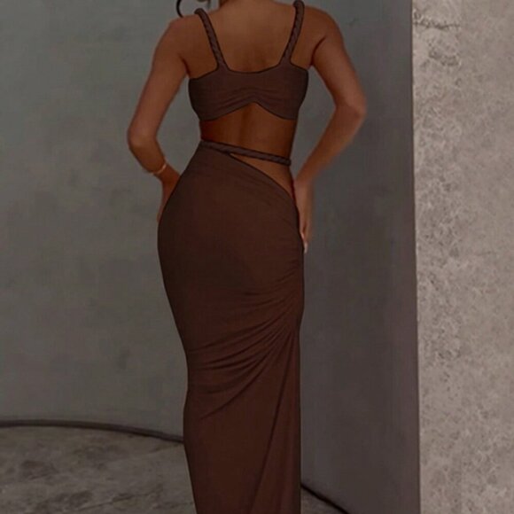 Coffee Women's Sexy Backless Camisole crop top and Hip Hugging maxi Skirt Set - Picture 3 of 5